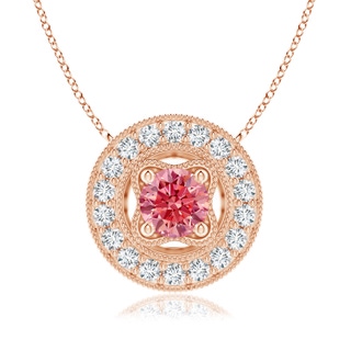 6.4mm Labgrown Vintage Style Lab-Grown Fancy Intense Pink Diamond Halo Pendant with Milgrain Detailing in 18K Rose Gold