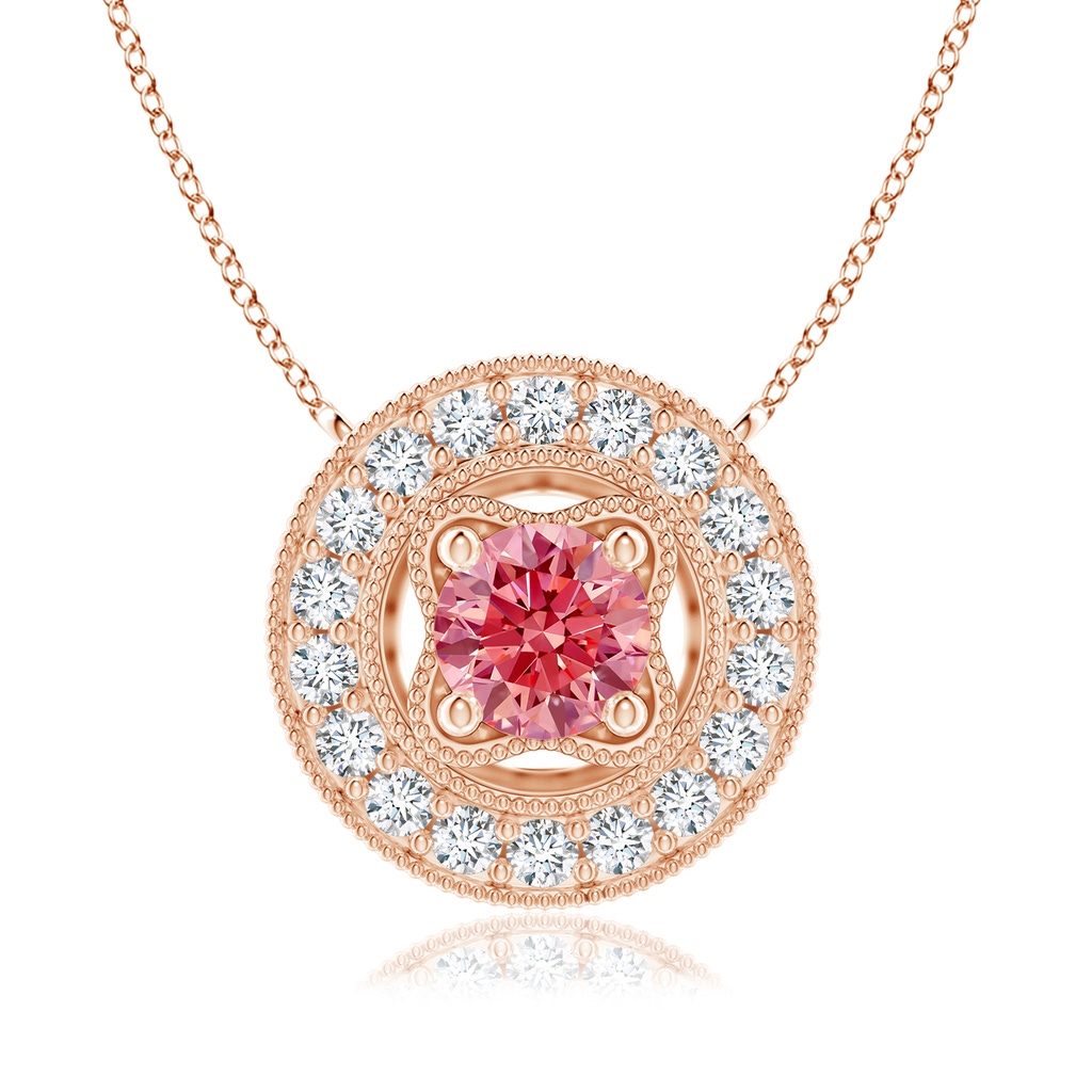 6.4mm Labgrown Vintage Style Lab-Grown Fancy Intense Pink Diamond Halo Pendant with Milgrain Detailing in Rose Gold