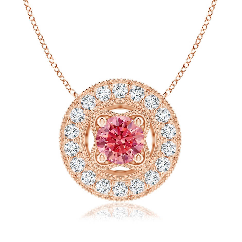 6.4mm Labgrown Vintage Style Lab-Grown Fancy Intense Pink Diamond Halo Pendant with Milgrain Detailing in Rose Gold 