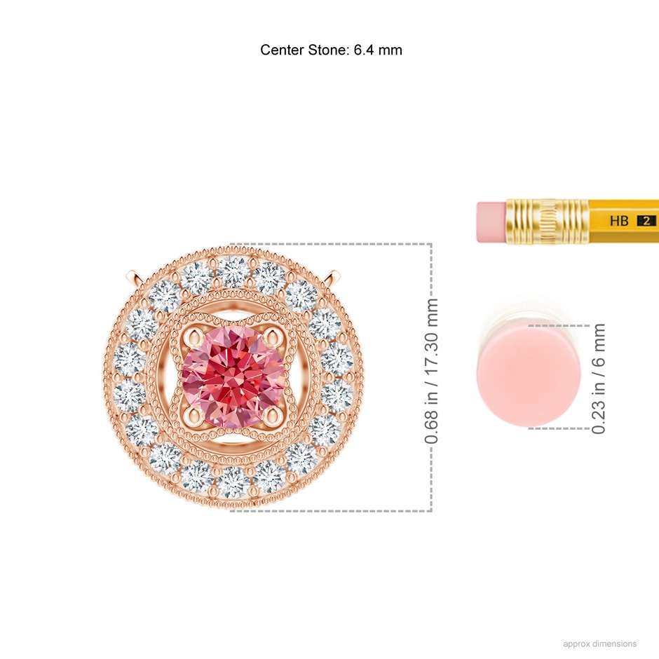 6.4mm Labgrown Vintage Style Lab-Grown Fancy Intense Pink Diamond Halo Pendant with Milgrain Detailing in Rose Gold ruler