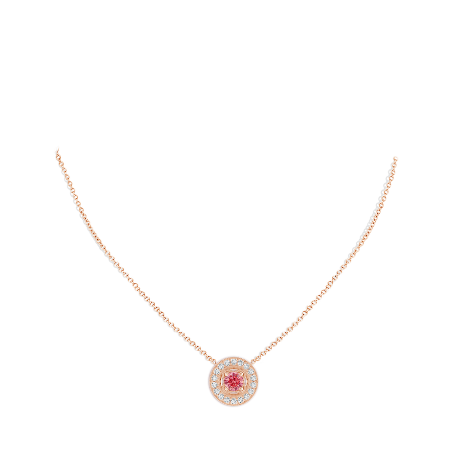 6.4mm Labgrown Vintage Style Lab-Grown Fancy Intense Pink Diamond Halo Pendant with Milgrain Detailing in Rose Gold pen