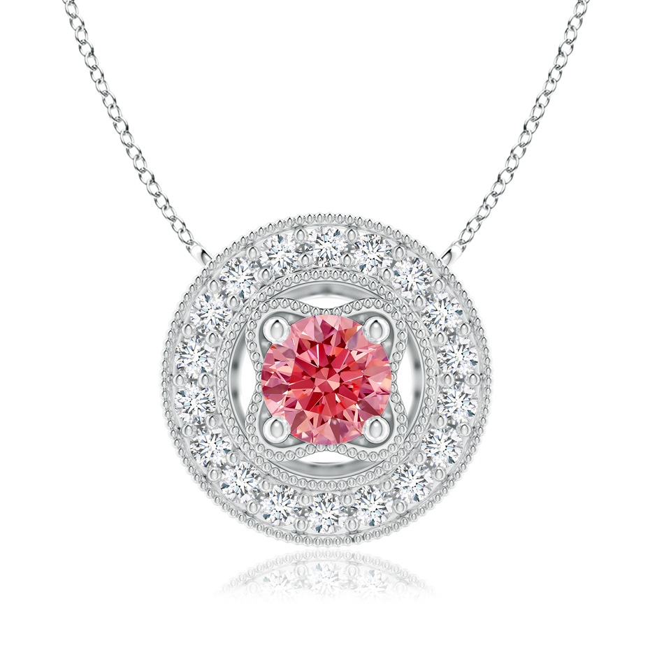 6.4mm Labgrown Vintage Style Lab-Grown Fancy Intense Pink Diamond Halo Pendant with Milgrain Detailing in White Gold 