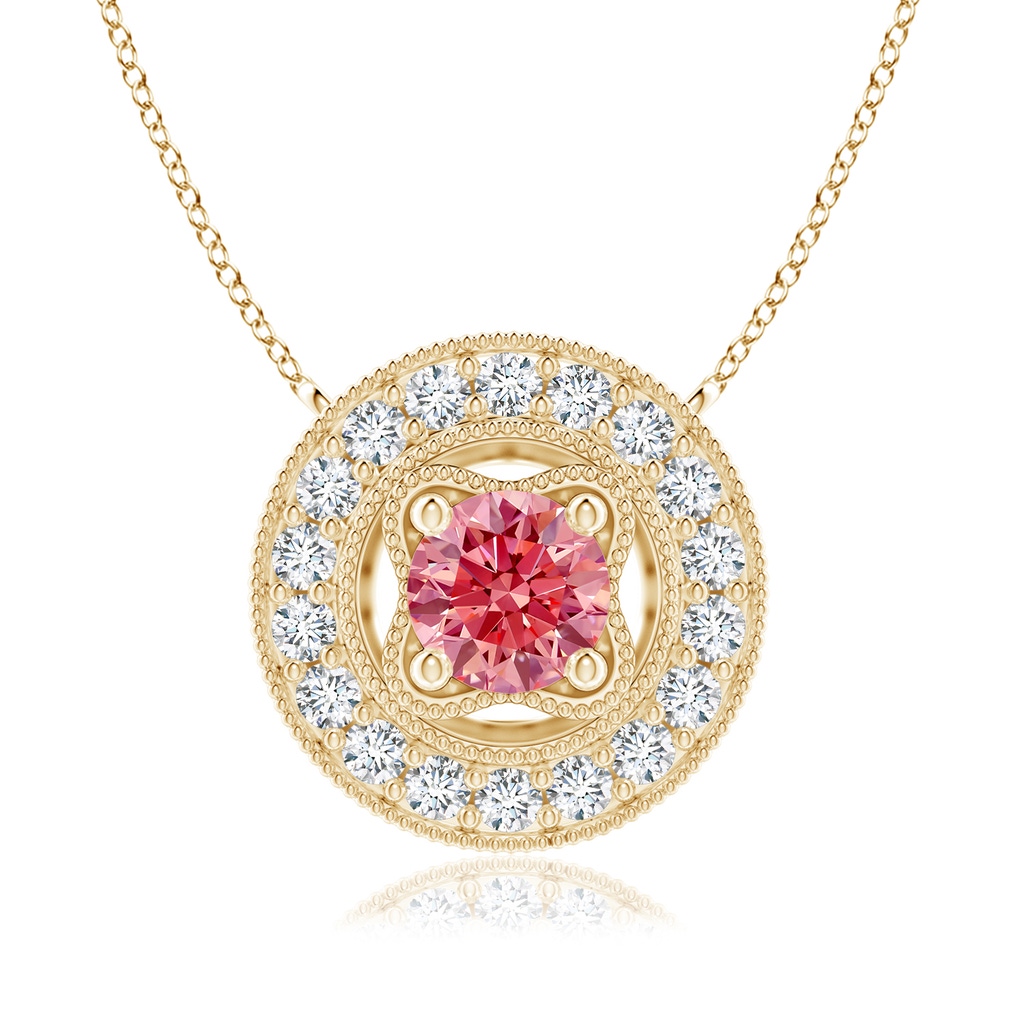 6.4mm Labgrown Vintage Style Lab-Grown Fancy Intense Pink Diamond Halo Pendant with Milgrain Detailing in Yellow Gold