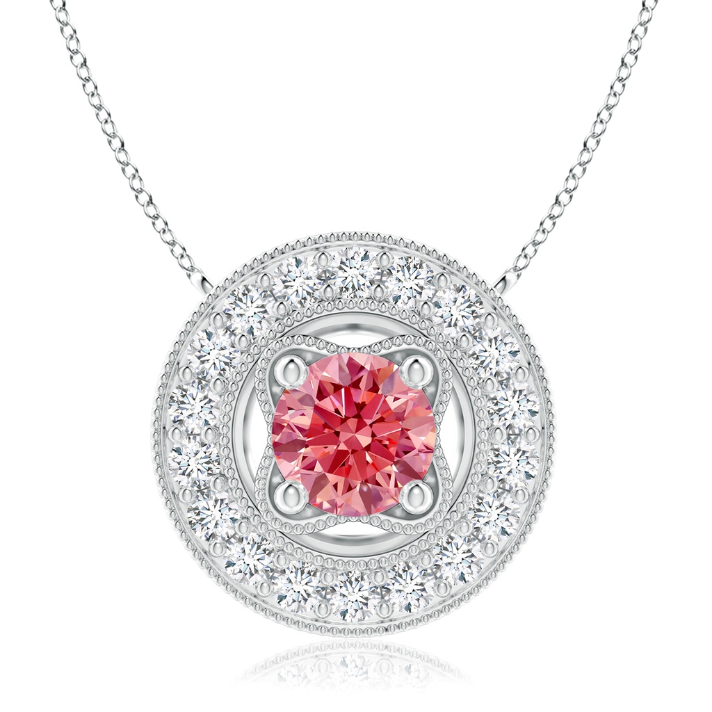 7.4mm Labgrown Vintage Style Lab-Grown Fancy Intense Pink Diamond Halo Pendant with Milgrain Detailing in White Gold