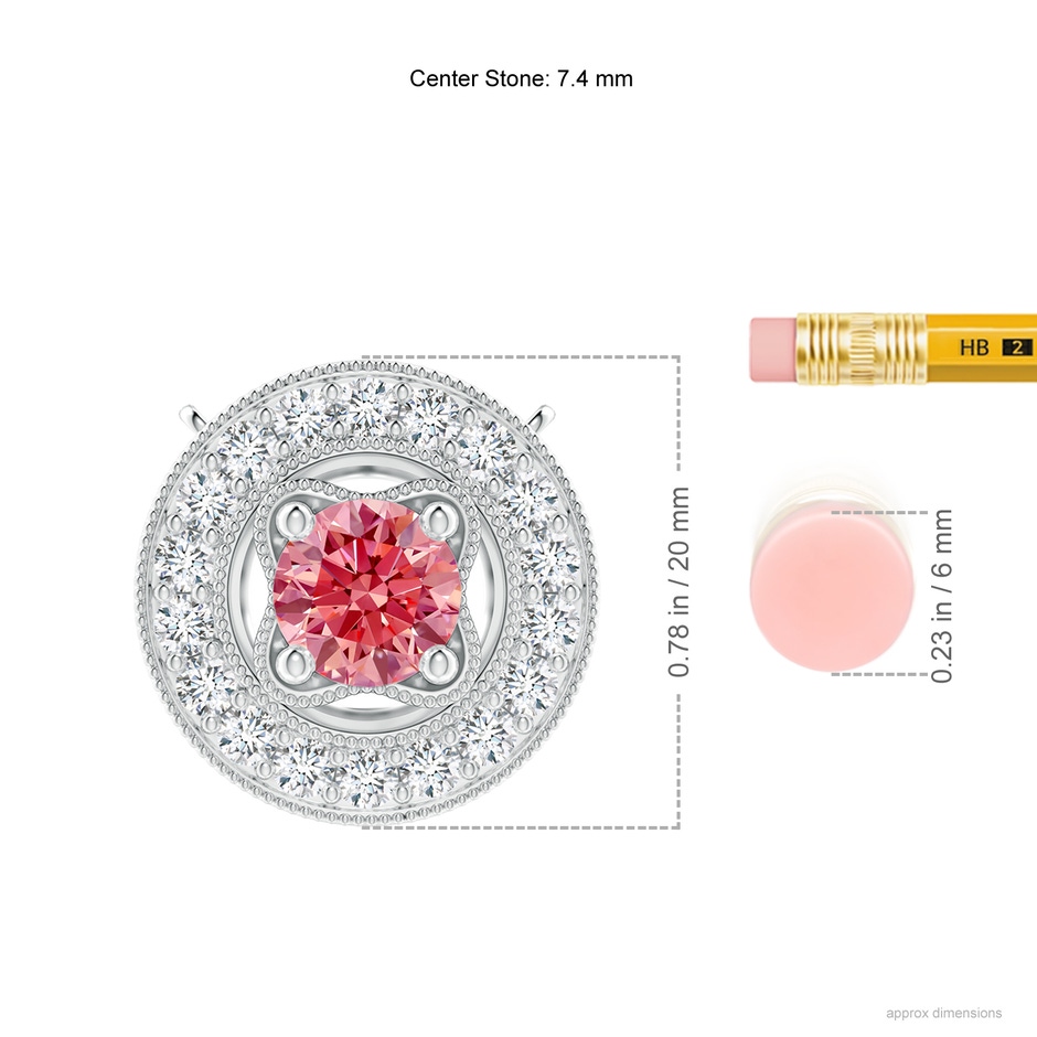 7.4mm Labgrown Vintage Style Lab-Grown Fancy Intense Pink Diamond Halo Pendant with Milgrain Detailing in White Gold ruler