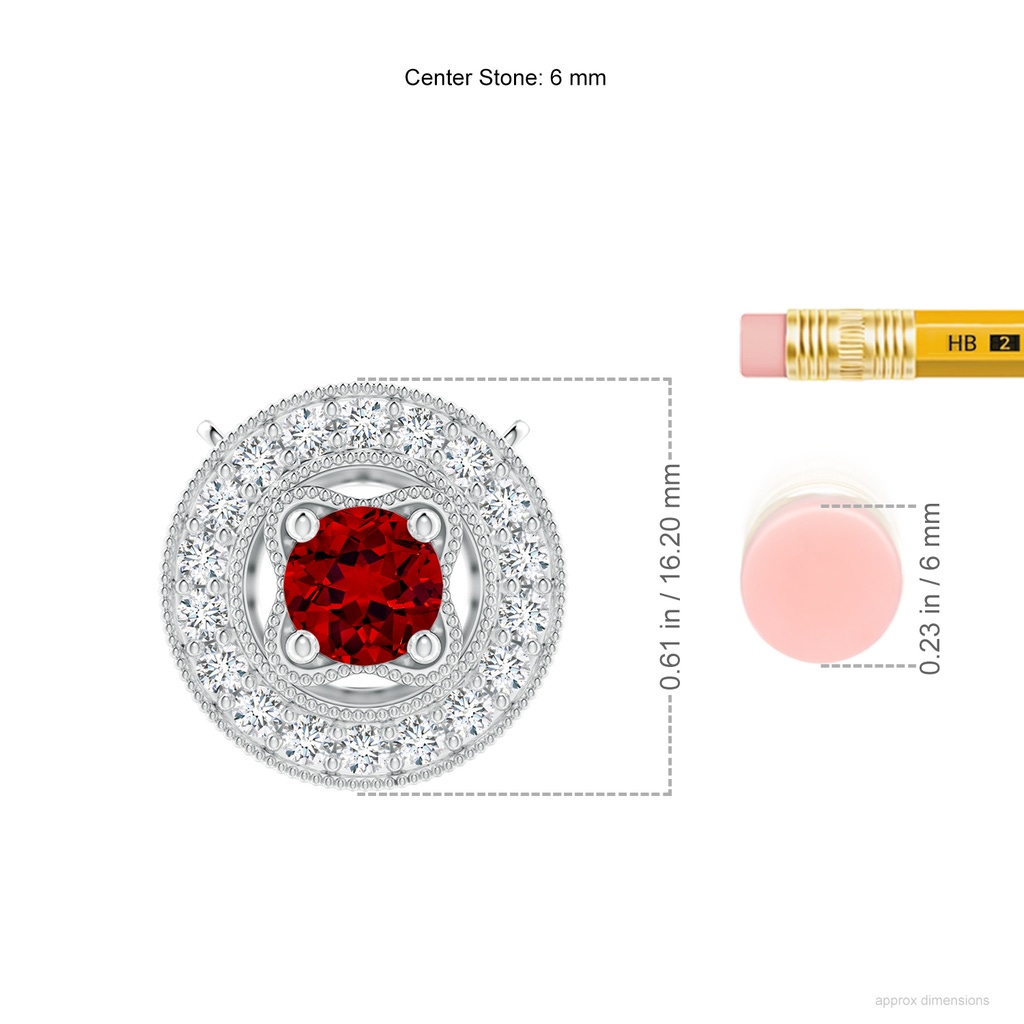 6mm Labgrown Lab-Grown Vintage Style Ruby Halo Pendant with Milgrain Detailing in White Gold ruler