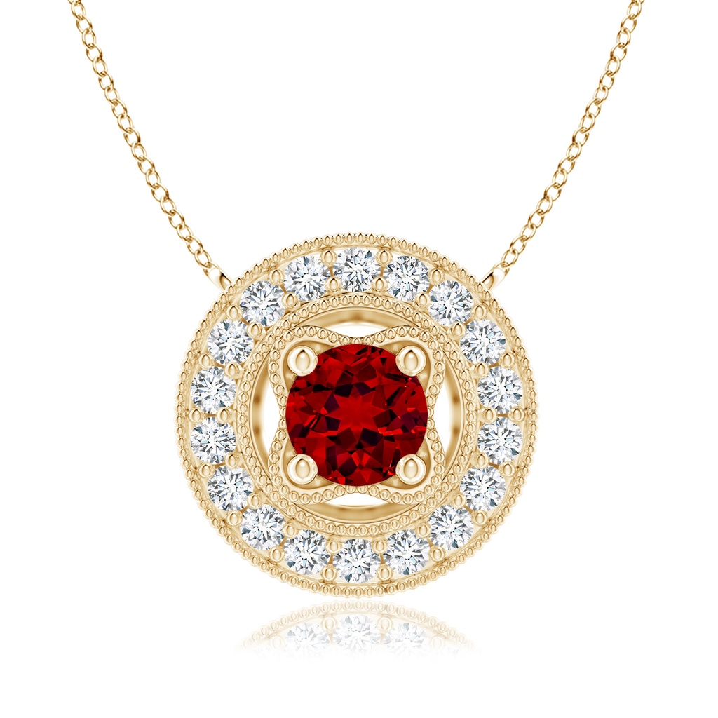 6mm Labgrown Lab-Grown Vintage Style Ruby Halo Pendant with Milgrain Detailing in Yellow Gold