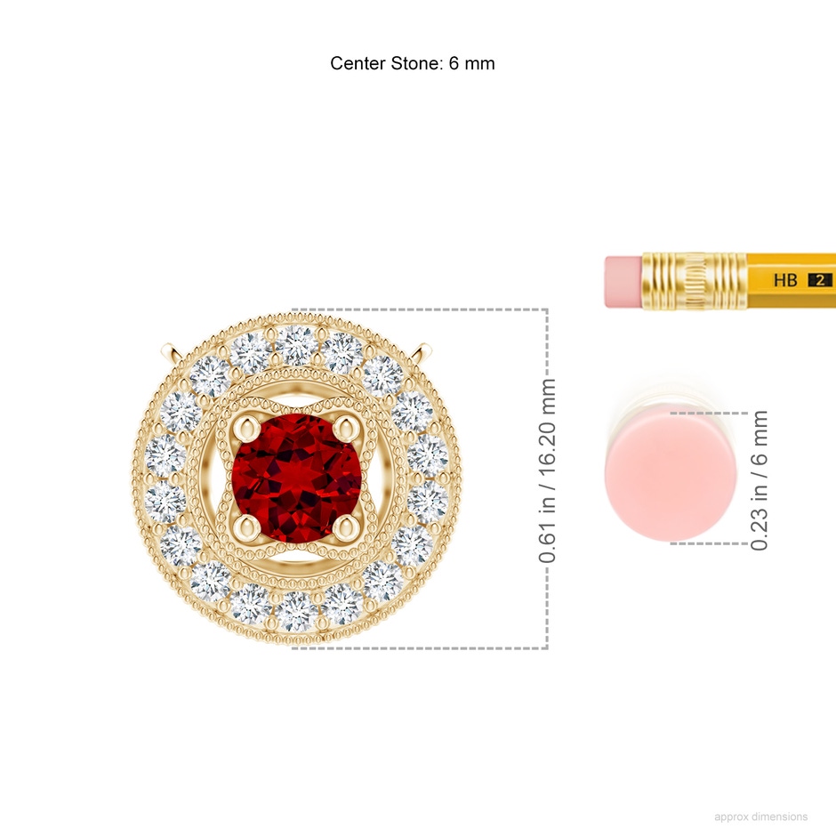 6mm Labgrown Lab-Grown Vintage Style Ruby Halo Pendant with Milgrain Detailing in Yellow Gold ruler