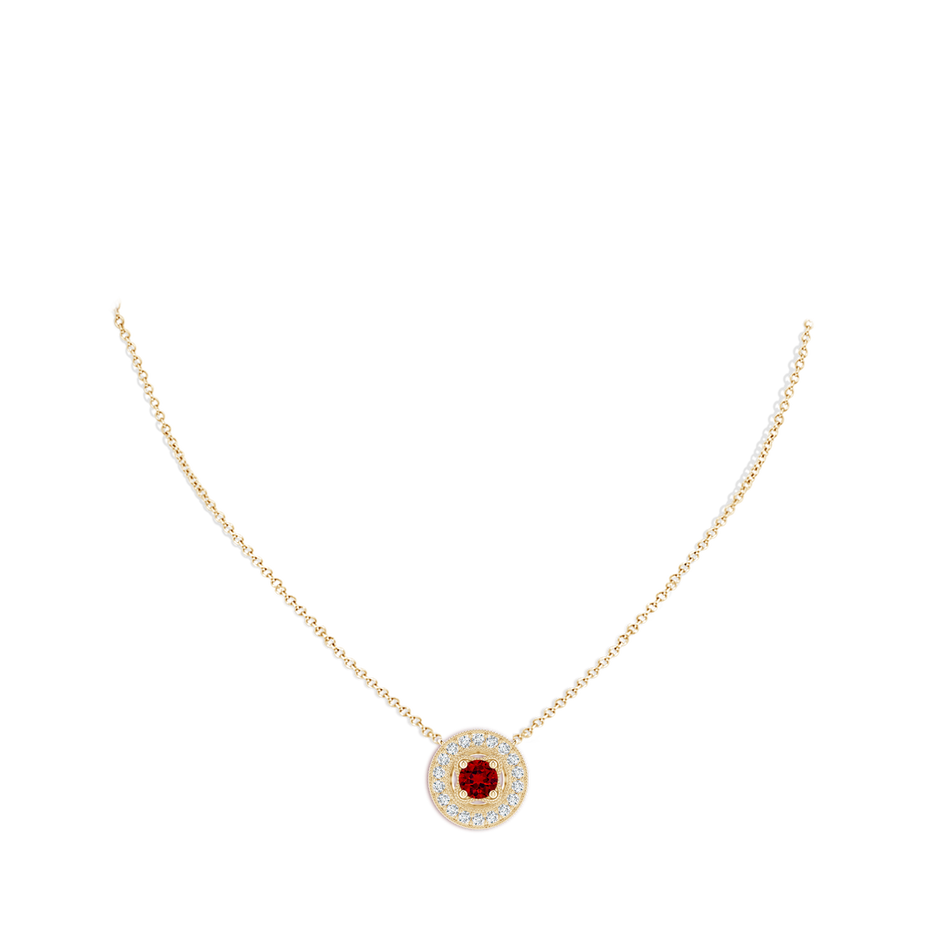 6mm Labgrown Lab-Grown Vintage Style Ruby Halo Pendant with Milgrain Detailing in Yellow Gold pen