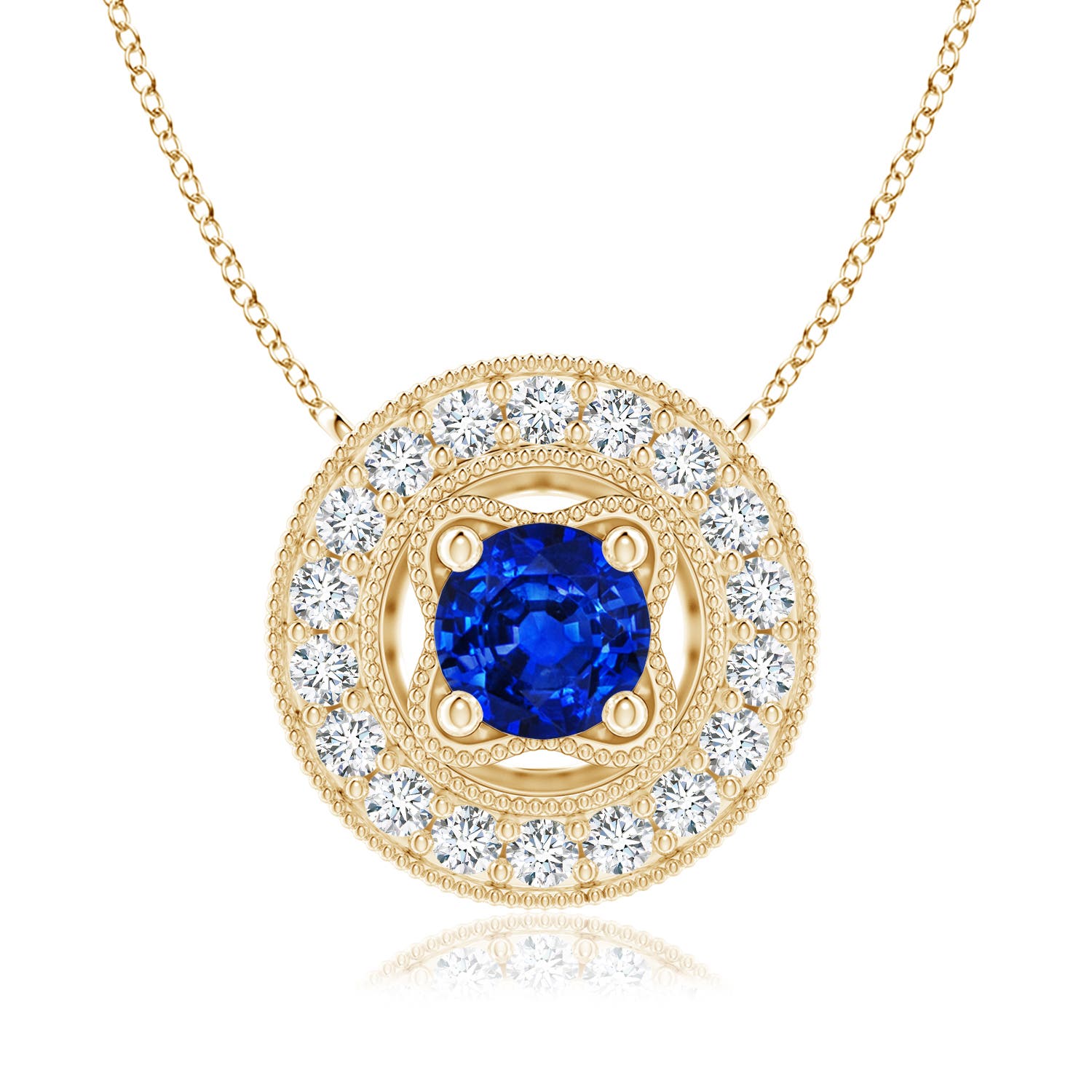 6mm Labgrown Lab-Grown Vintage Style Blue Sapphire Halo Pendant with Milgrain Detailing in 18K Yellow Gold