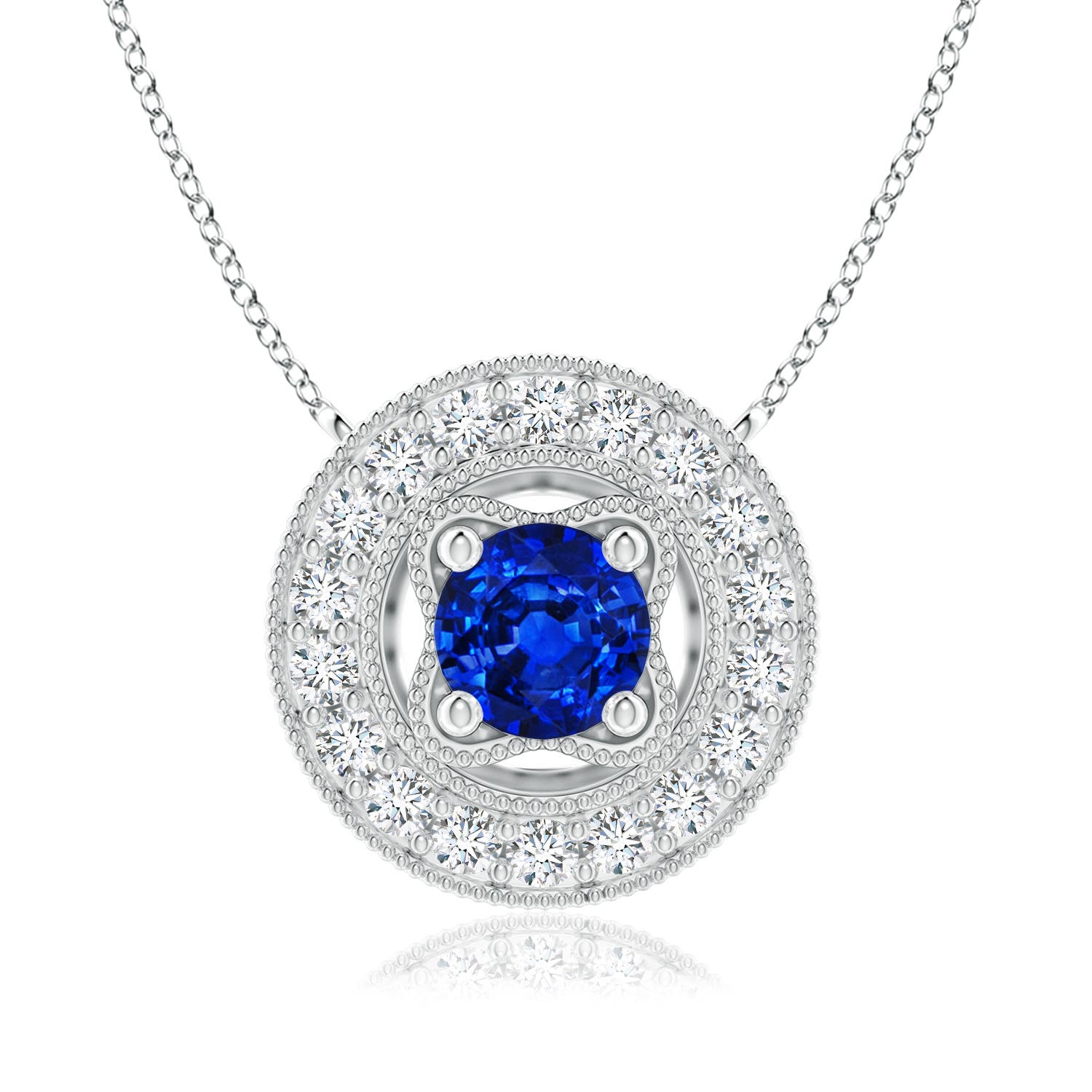 6mm Labgrown Lab-Grown Vintage Style Blue Sapphire Halo Pendant with Milgrain Detailing in P950 Platinum