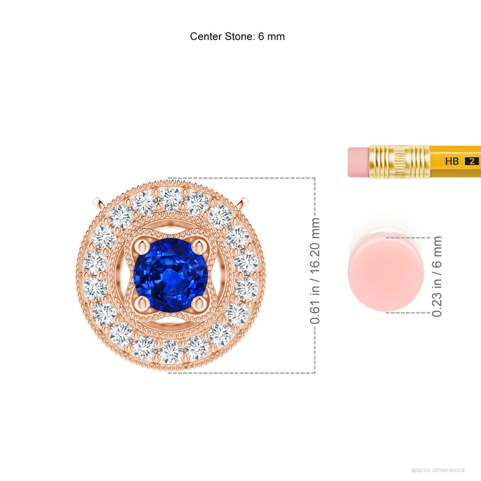 6mm Labgrown Lab-Grown Vintage Style Blue Sapphire Halo Pendant with Milgrain Detailing in Rose Gold ruler