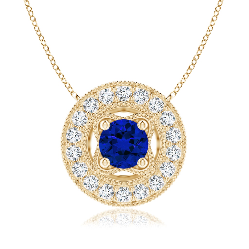 6mm Labgrown Lab-Grown Vintage Style Blue Sapphire Halo Pendant with Milgrain Detailing in Yellow Gold