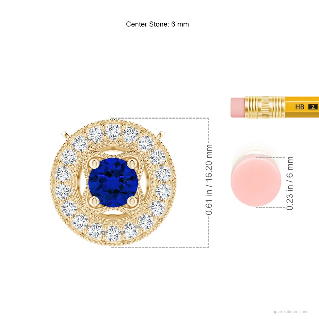 6mm Labgrown Lab-Grown Vintage Style Blue Sapphire Halo Pendant with Milgrain Detailing in Yellow Gold ruler