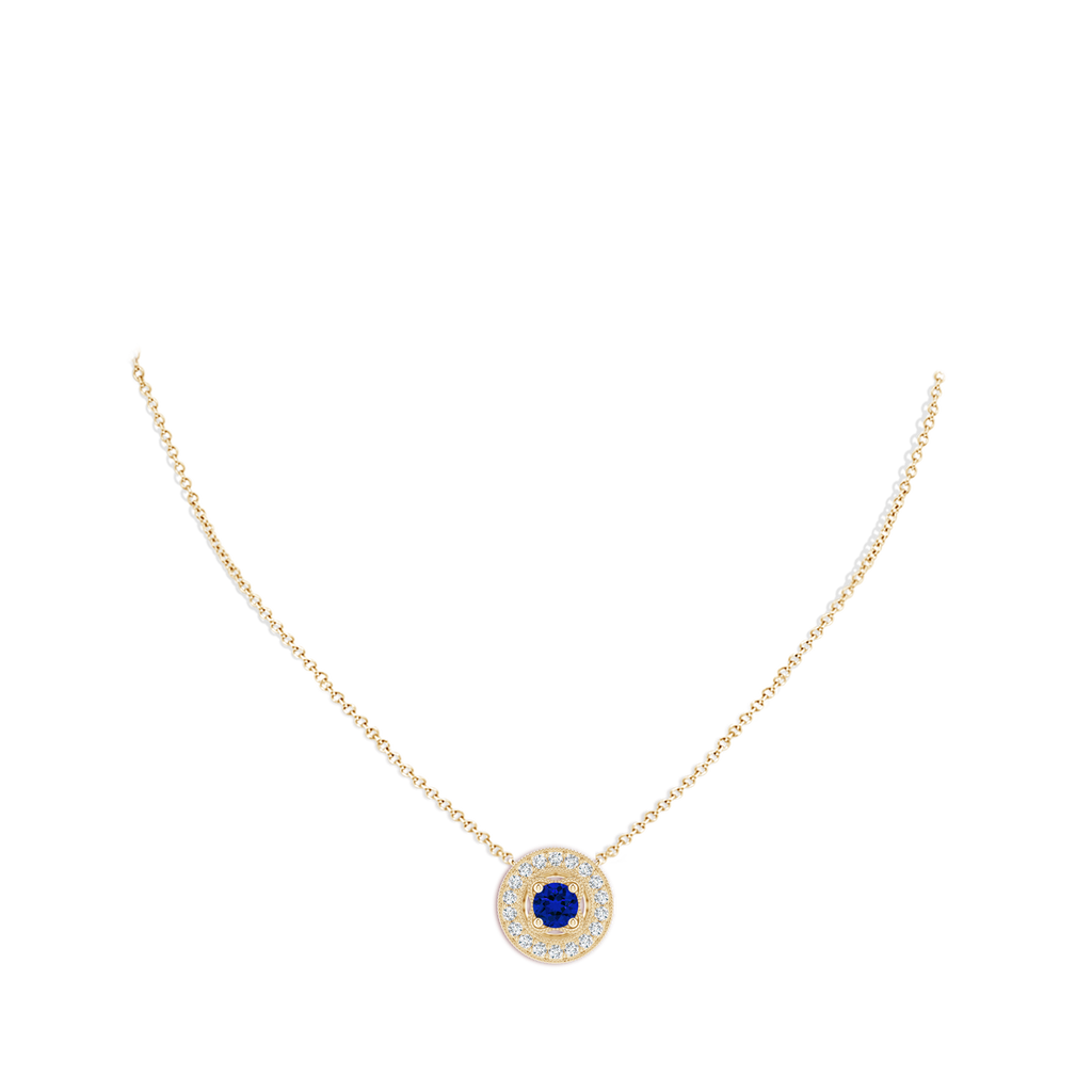 6mm Labgrown Lab-Grown Vintage Style Blue Sapphire Halo Pendant with Milgrain Detailing in Yellow Gold pen