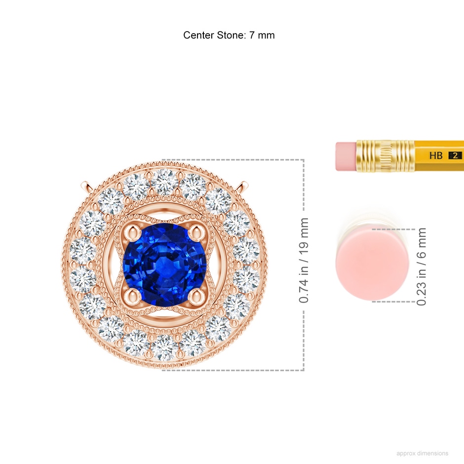 7mm Labgrown Lab-Grown Vintage Style Blue Sapphire Halo Pendant with Milgrain Detailing in Rose Gold ruler