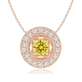 6.4mm Labgrown Vintage Style Lab-Grown Fancy Intense Yellow Diamond Halo Pendant with Milgrain Detailing in 18K Rose Gold