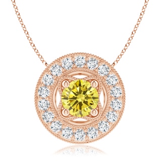 7.4mm Labgrown Vintage Style Lab-Grown Fancy Intense Yellow Diamond Halo Pendant with Milgrain Detailing in 18K Rose Gold