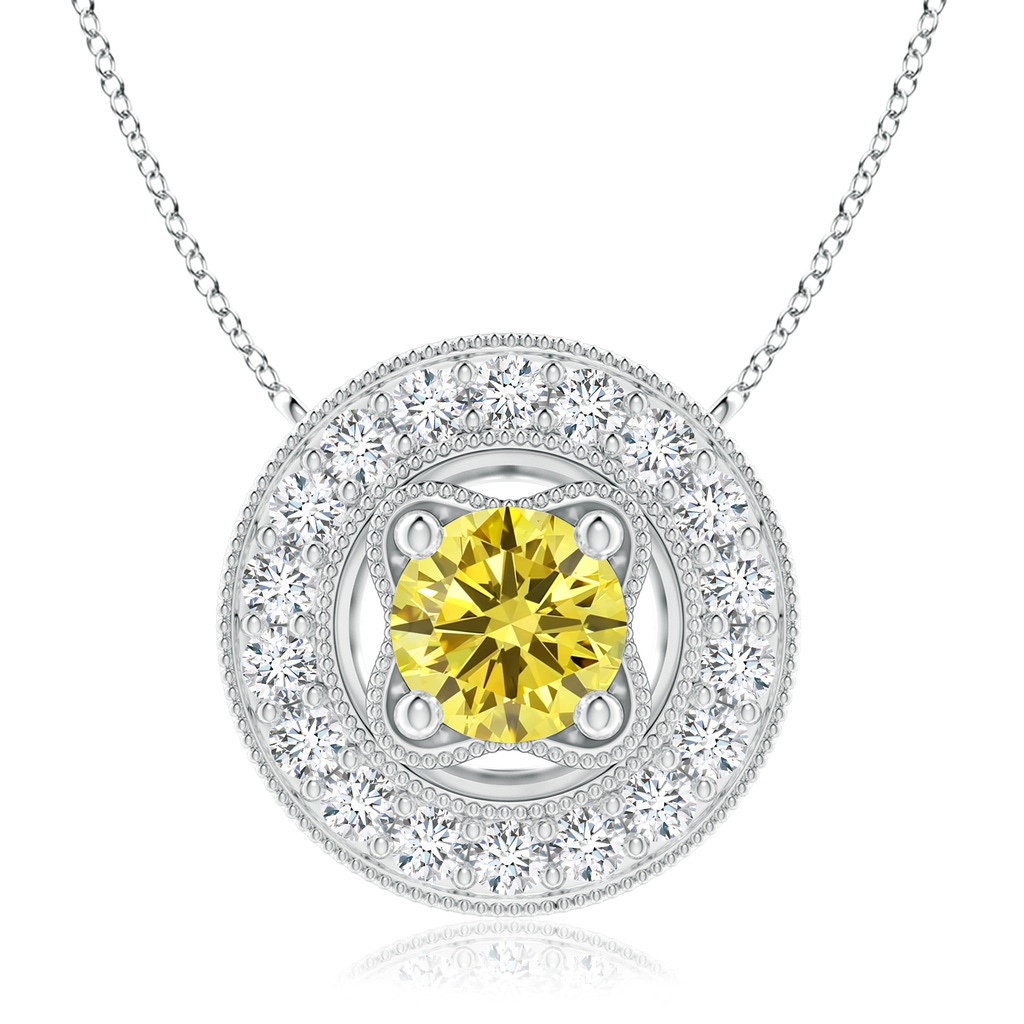 7.4mm Labgrown Vintage Style Lab-Grown Fancy Intense Yellow Diamond Halo Pendant with Milgrain Detailing in White Gold