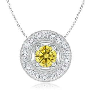 7.4mm Labgrown Vintage Style Lab-Grown Fancy Intense Yellow Diamond Halo Pendant with Milgrain Detailing in White Gold