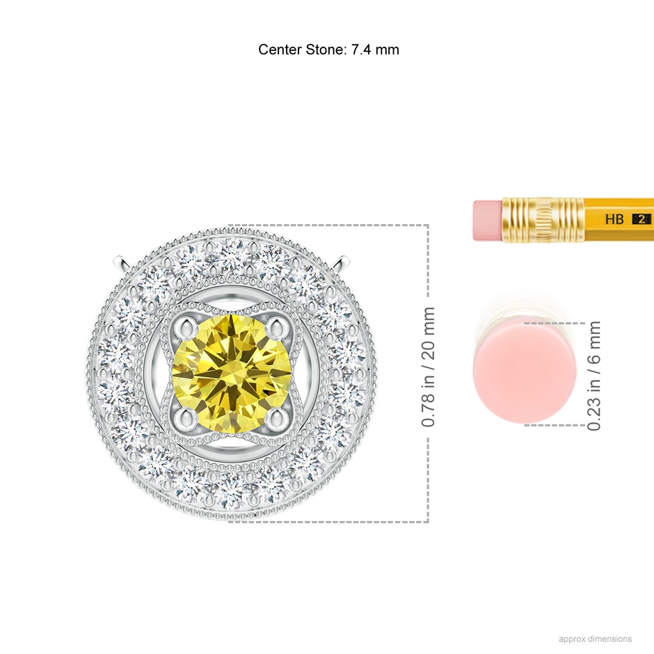 7.4mm Labgrown Vintage Style Lab-Grown Fancy Intense Yellow Diamond Halo Pendant with Milgrain Detailing in White Gold ruler