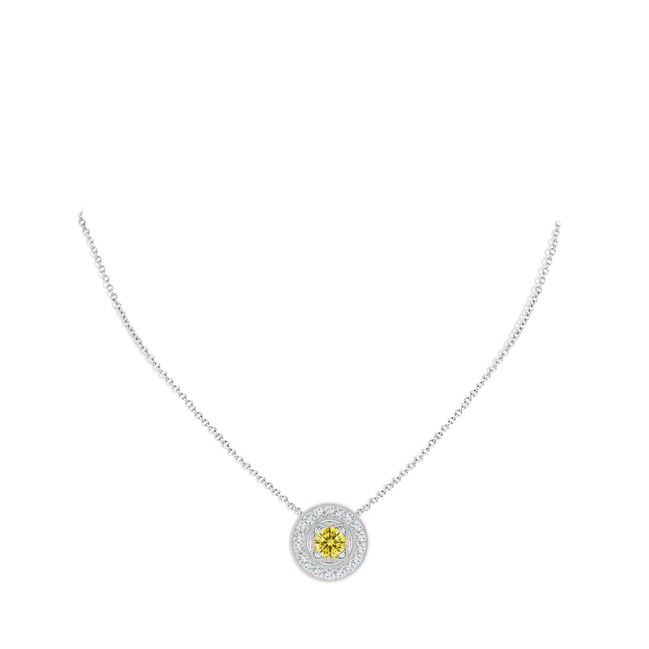 7.4mm Labgrown Vintage Style Lab-Grown Fancy Intense Yellow Diamond Halo Pendant with Milgrain Detailing in White Gold pen