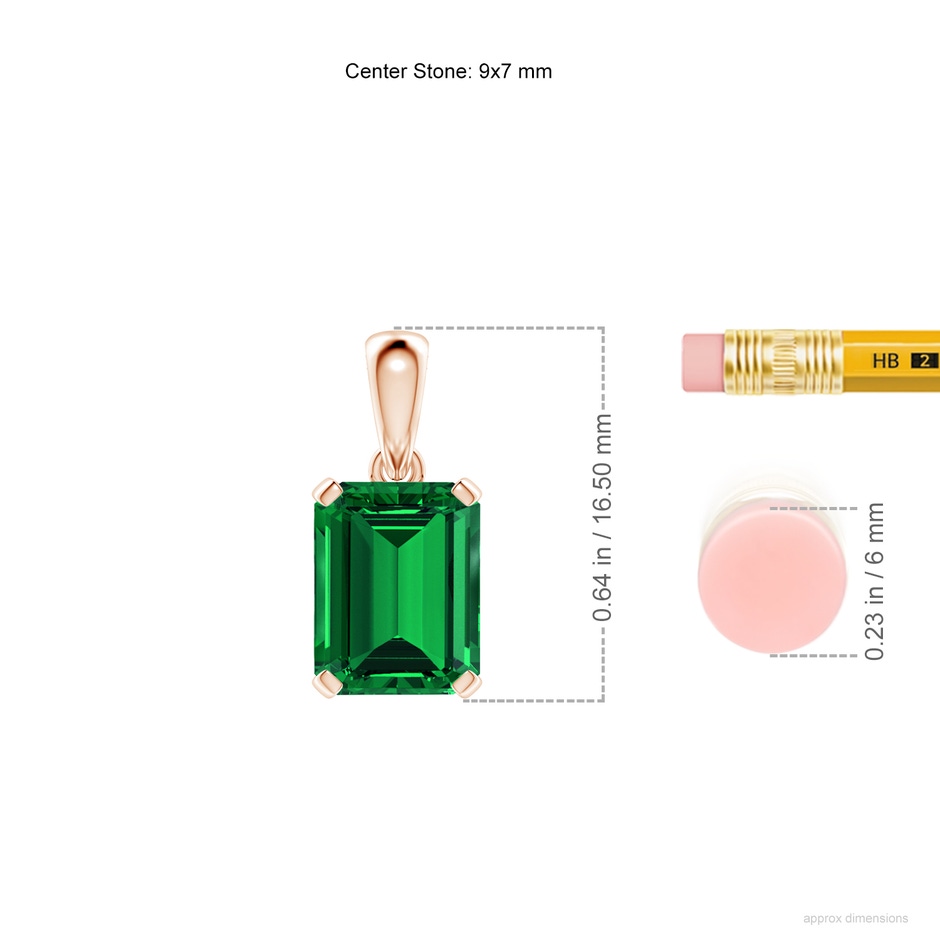 9x7mm Labgrown Lab-Grown Emerald-Cut Emerald Solitaire Pendant in Rose Gold ruler