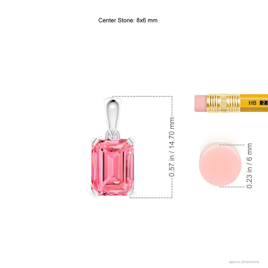 8x6mm Labgrown Emerald-Cut Lab-Grown Fancy Intense Pink Diamond Solitaire Pendant in 18K White Gold ruler
