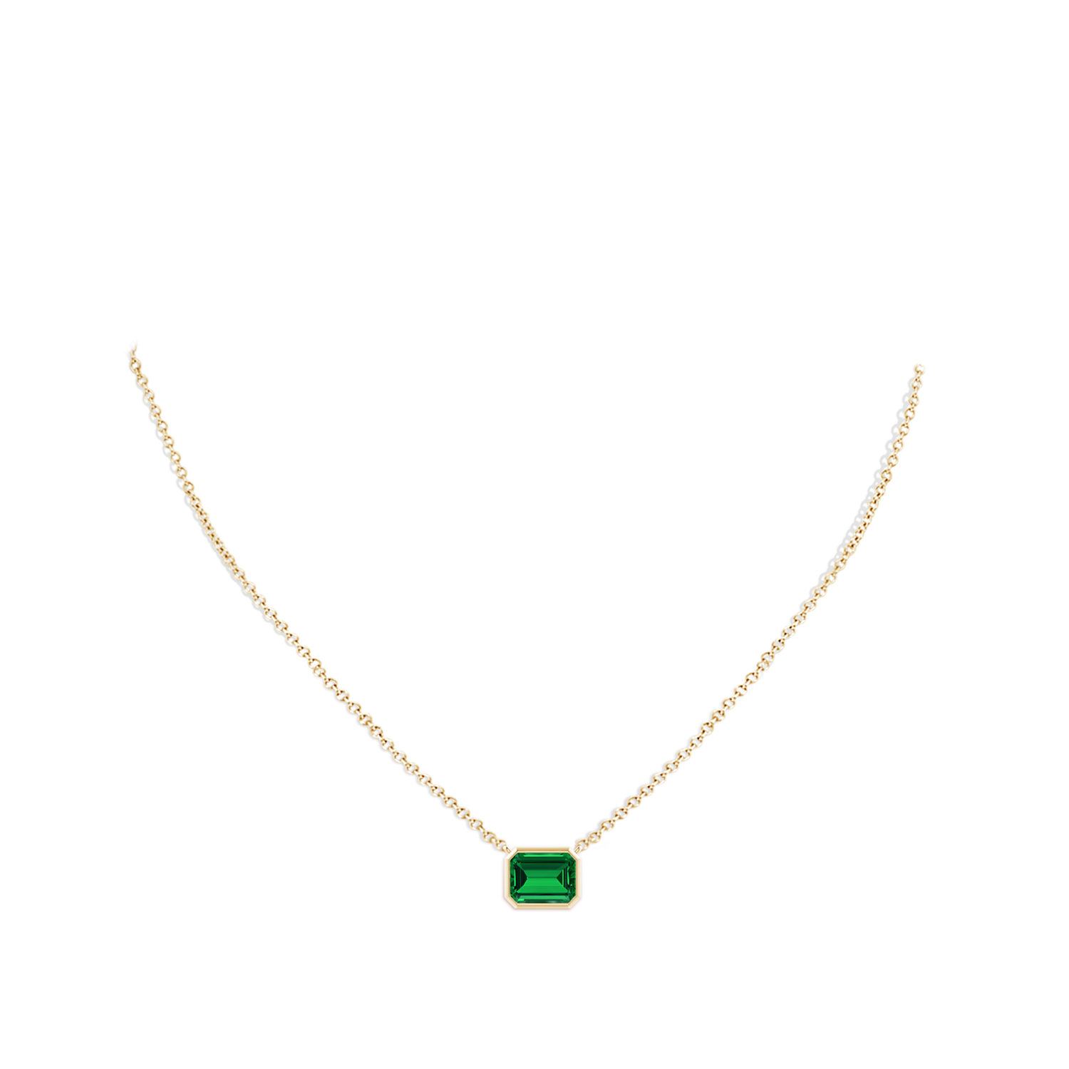 9x7mm Labgrown Lab-Grown East-West Bezel-Set Emerald-Cut Emerald Pendant in Yellow Gold - body_neck