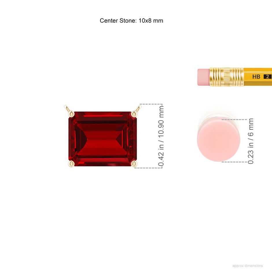 10x8mm Labgrown East-West Emerald-Cut Lab-Grown Ruby Solitaire Pendant in Yellow Gold ruler