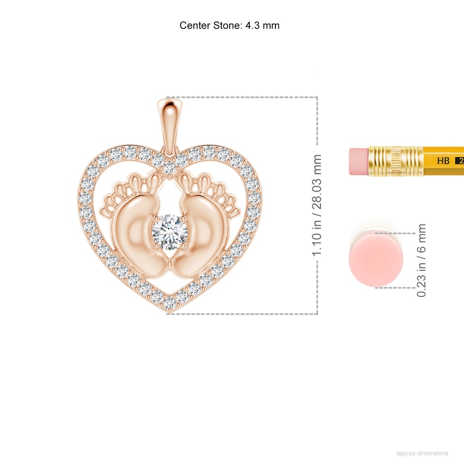 4.3mm FGVS Lab-Grown Diamond Heart & Baby Feet Pendant in Rose Gold ruler