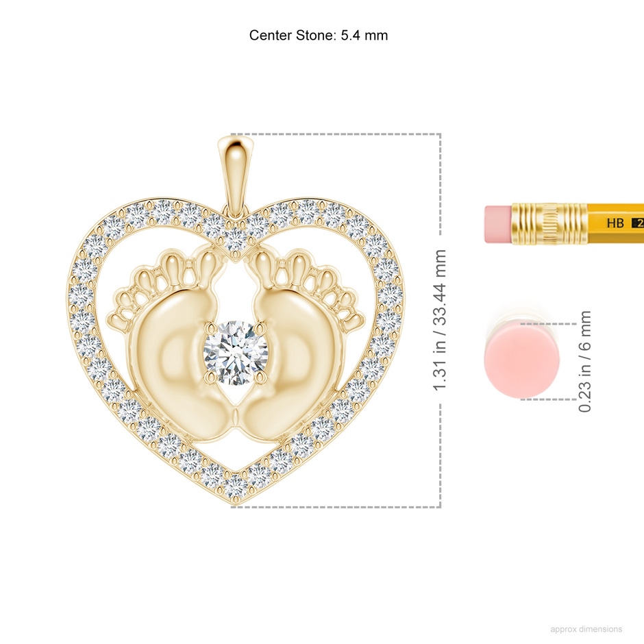 5.4mm FGVS Lab-Grown Diamond Heart & Baby Feet Pendant in 18K Yellow Gold ruler