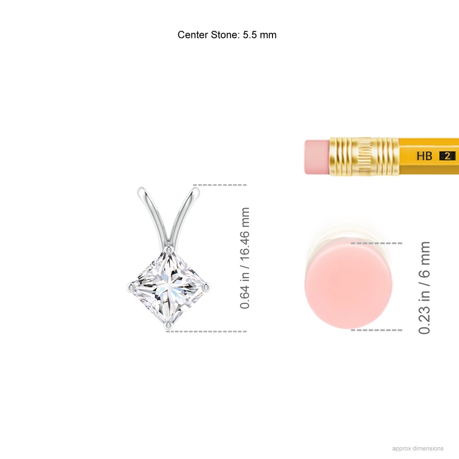 5.5mm FGVS Lab-Grown Prong-Set Princess-Cut Diamond Solitaire V-Bale Pendant in White Gold ruler