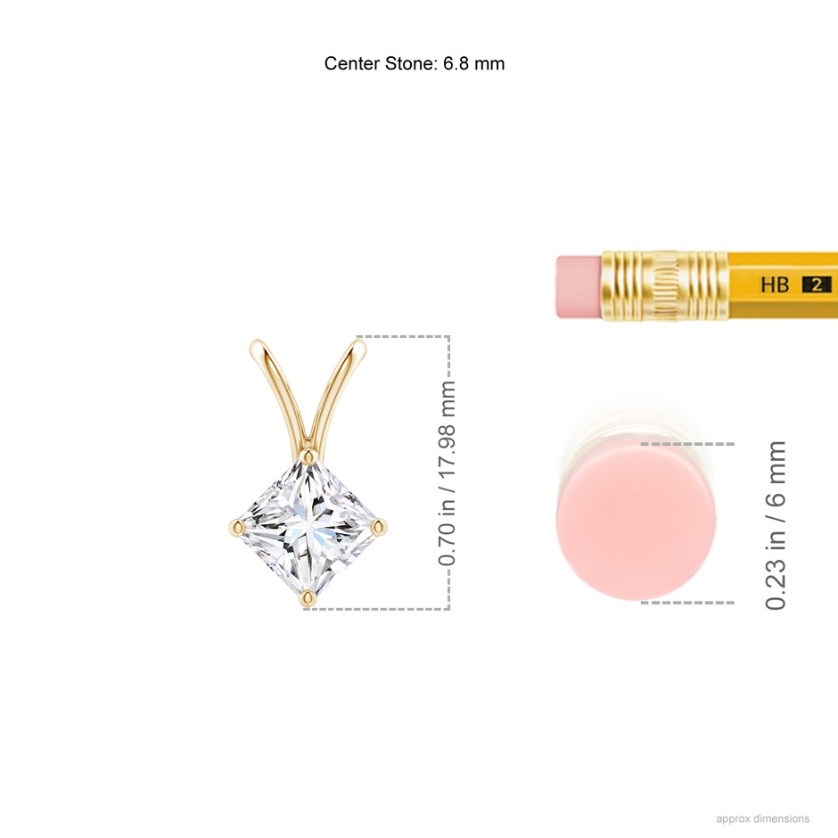 6.8mm FGVS Lab-Grown Prong-Set Princess-Cut Diamond Solitaire V-Bale Pendant in Yellow Gold ruler