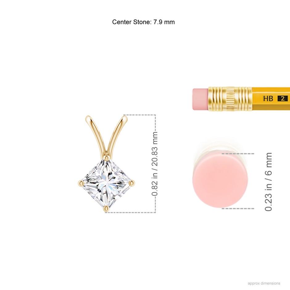 7.9mm FGVS Lab-Grown Prong-Set Princess-Cut Diamond Solitaire V-Bale Pendant in Yellow Gold ruler