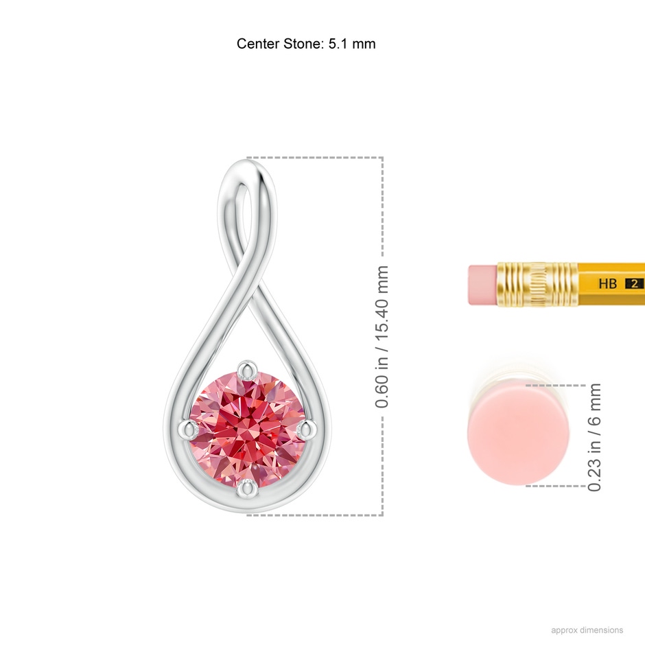 5.1mm Labgrown Solitaire Lab-Grown Fancy Intense Pink Diamond Twist Bale Pendant in 18K White Gold ruler