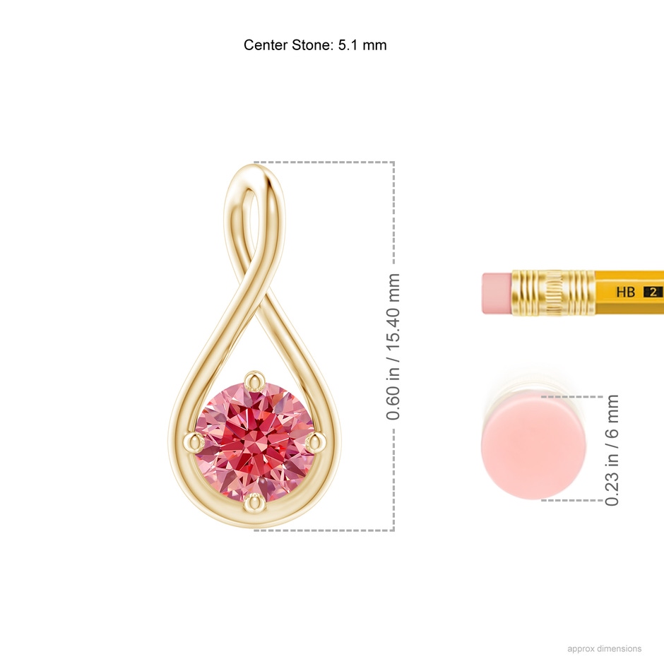 5.1mm Labgrown Solitaire Lab-Grown Fancy Intense Pink Diamond Twist Bale Pendant in Yellow Gold ruler