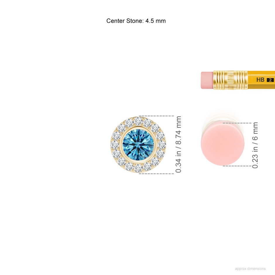 4.5mm Labgrown Bezel-Set Solitaire Round Lab-Grown Fancy Intense Blue Diamond Halo Pendant in Yellow Gold ruler