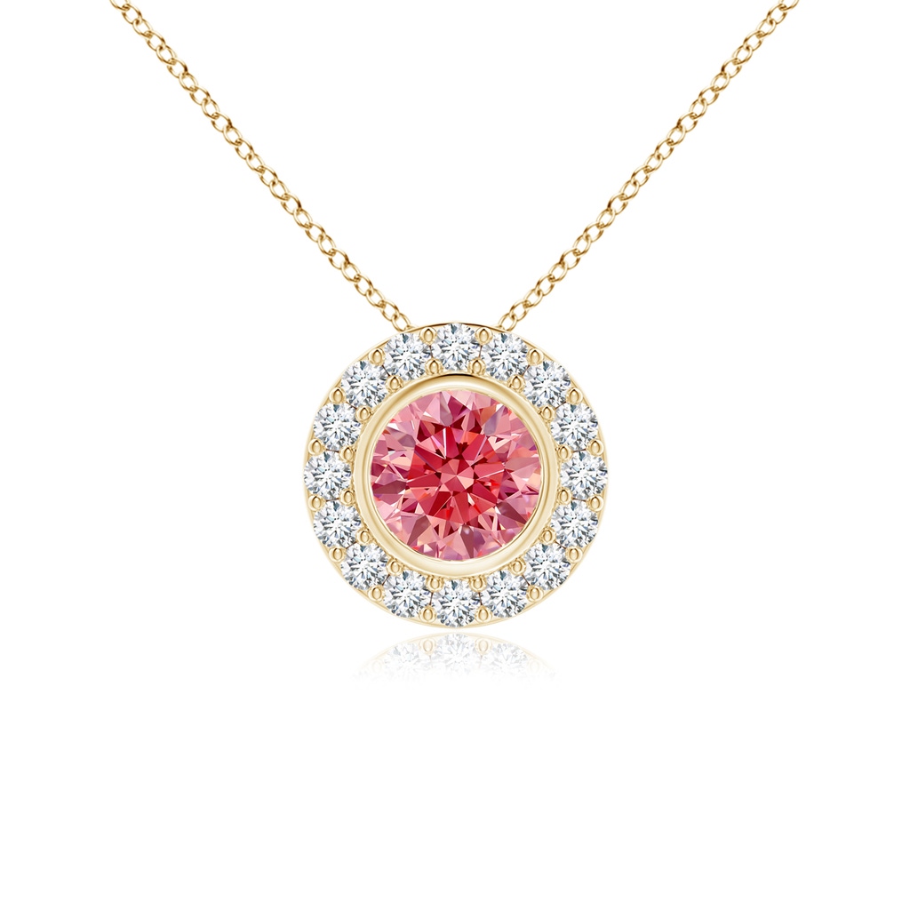 4.5mm Labgrown Bezel-Set Solitaire Round Lab-Grown Fancy Intense Pink Diamond Halo Pendant in Yellow Gold