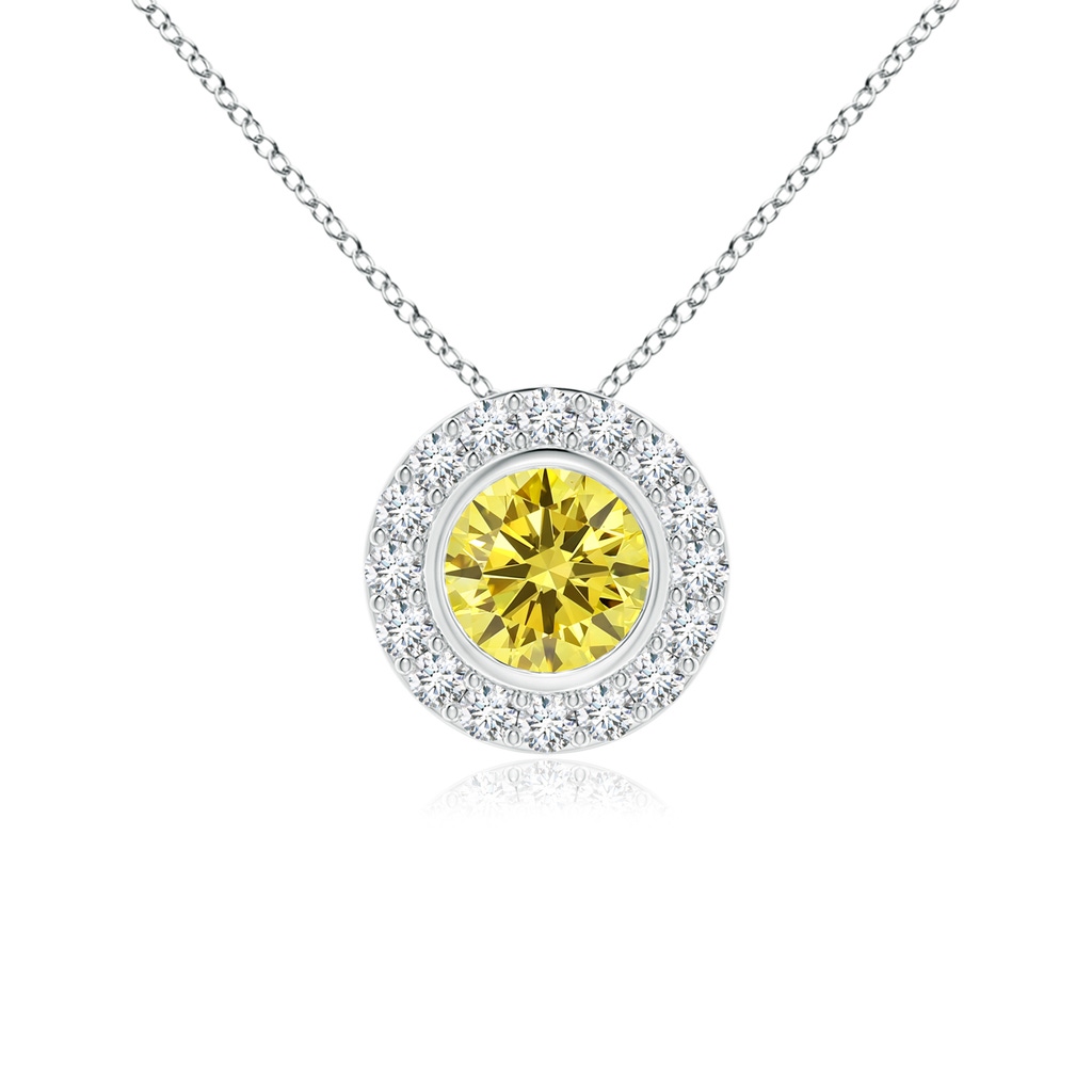 4.5mm Labgrown Bezel-Set Solitaire Round Lab-Grown Fancy Intense Yellow Diamond Halo Pendant in White Gold