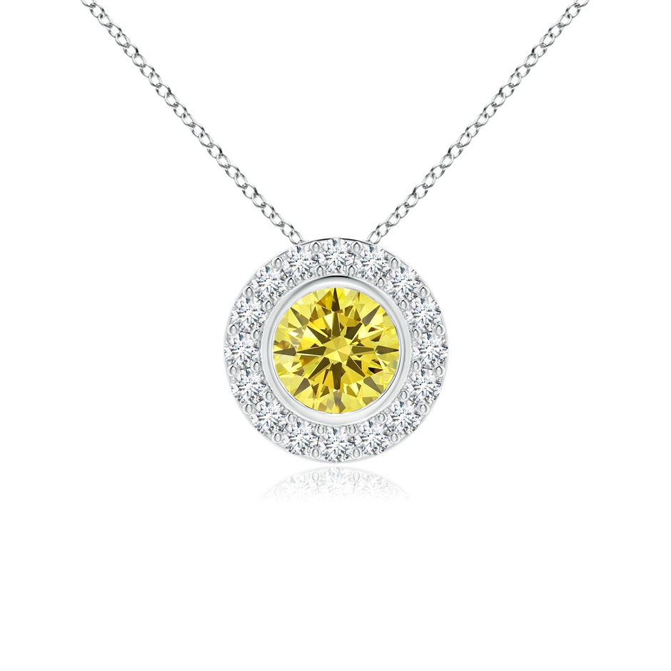 4.5mm Labgrown Bezel-Set Solitaire Round Lab-Grown Fancy Intense Yellow Diamond Halo Pendant in White Gold 