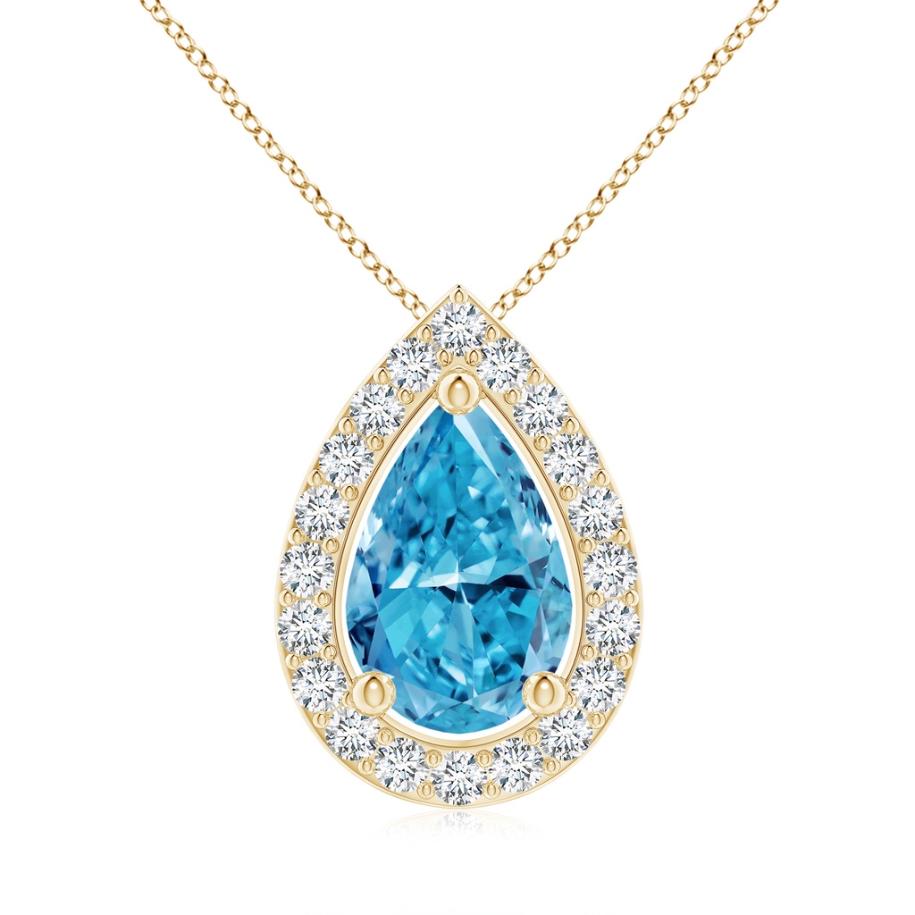 10x6.5mm Labgrown Pear Lab-Grown Fancy Intense Blue Diamond Solitaire Floating Halo Pendant in Yellow Gold