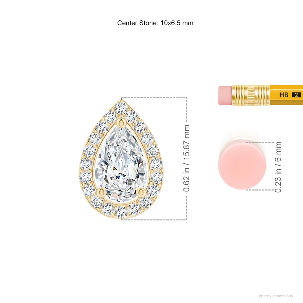 10x6.5mm FGVS Lab-Grown Pear Diamond Solitaire Floating Halo Pendant in Yellow Gold ruler