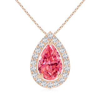 10x6.5mm Labgrown Pear Lab-Grown Fancy Intense Pink Diamond Solitaire Floating Halo Pendant in Rose Gold