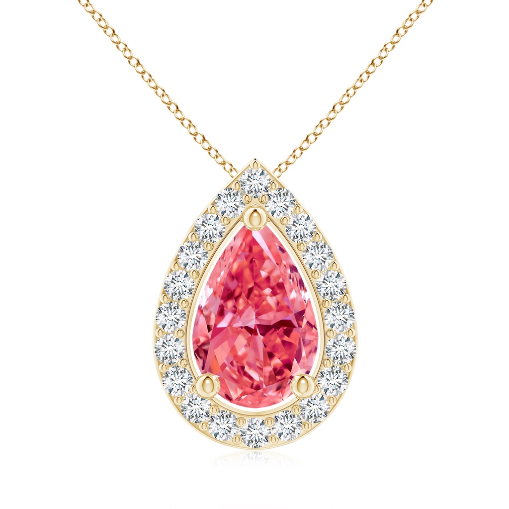 10x6.5mm Labgrown Pear Lab-Grown Fancy Intense Pink Diamond Solitaire Floating Halo Pendant in Yellow Gold