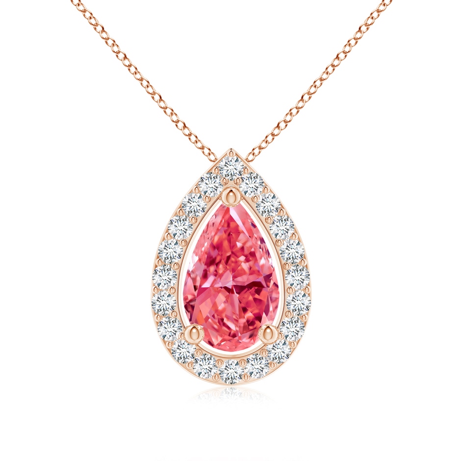9x5.5mm Labgrown Pear Lab-Grown Fancy Intense Pink Diamond Solitaire Floating Halo Pendant in Rose Gold 