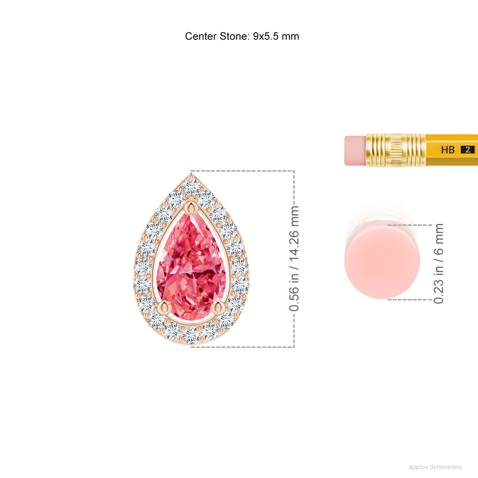 9x5.5mm Labgrown Pear Lab-Grown Fancy Intense Pink Diamond Solitaire Floating Halo Pendant in Rose Gold ruler