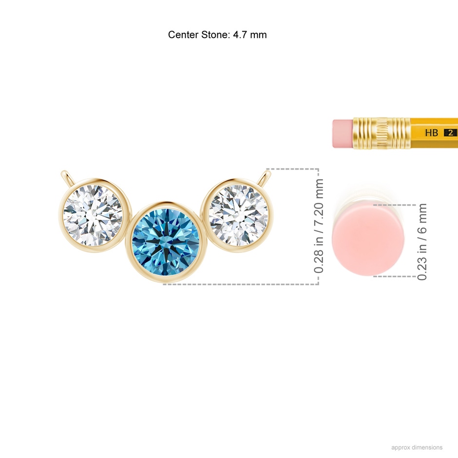 4.7mm Labgrown Three Stone Bezel-Set Round Lab-Grown Fancy Intense Blue Diamond Pendant in 18K Yellow Gold ruler