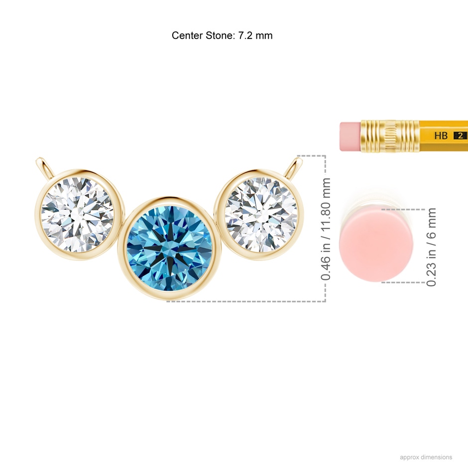 7.2mm Labgrown Three Stone Bezel-Set Round Lab-Grown Fancy Intense Blue Diamond Pendant in Yellow Gold ruler