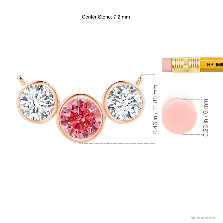 7.2mm Labgrown Three Stone Bezel-Set Round Lab-Grown Fancy Intense Pink Diamond Pendant in Rose Gold ruler